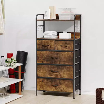 Commode à 5 tiroirs en tissu avec plateau en bois - Organiseur de rangement robuste à cadre métallique pour chambre, couloir, entrée