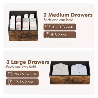 Commode à 5 tiroirs en tissu avec plateau en bois - Organiseur de rangement robuste à cadre métallique pour chambre, couloir, entrée