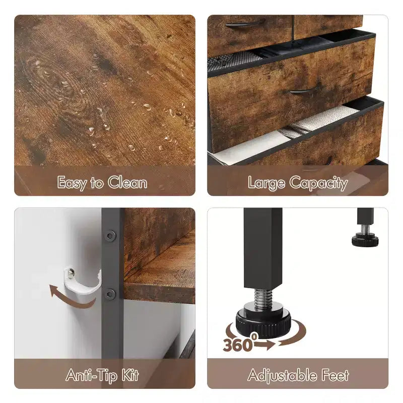 Commode à 5 tiroirs en tissu avec plateau en bois - Organiseur de rangement robuste à cadre métallique pour chambre, couloir, entrée