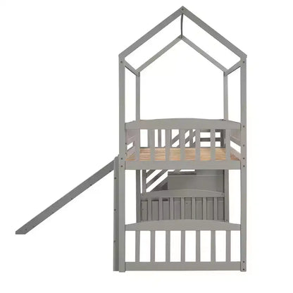 Lit mezzanine enfant Luxystar avec toboggan et tiroirs de rangement, lit double en bois de faible hauteur pour enfants