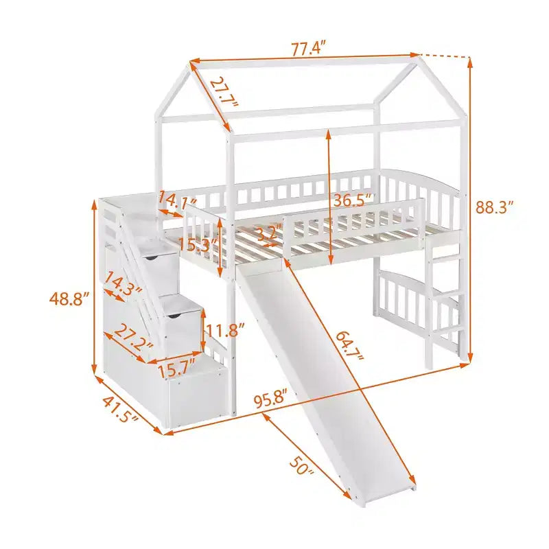 Lit mezzanine enfant Luxystar avec toboggan et tiroirs de rangement, lit double en bois de faible hauteur pour enfants