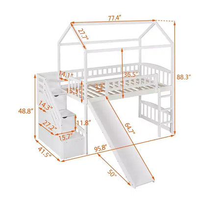 Lit mezzanine enfant Luxystar avec toboggan et tiroirs de rangement, lit double en bois de faible hauteur pour enfants