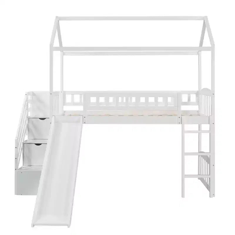 Lit mezzanine enfant Luxystar avec toboggan et tiroirs de rangement, lit double en bois de faible hauteur pour enfants