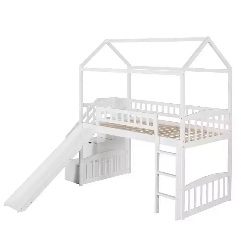 Lit mezzanine enfant Luxystar avec toboggan et tiroirs de rangement, lit double en bois de faible hauteur pour enfants