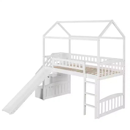 Lit mezzanine enfant Luxystar avec toboggan et tiroirs de rangement, lit double en bois de faible hauteur pour enfants