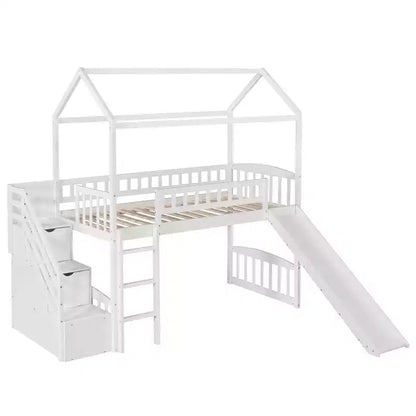 Lit mezzanine enfant Luxystar avec toboggan et tiroirs de rangement, lit double en bois de faible hauteur pour enfants