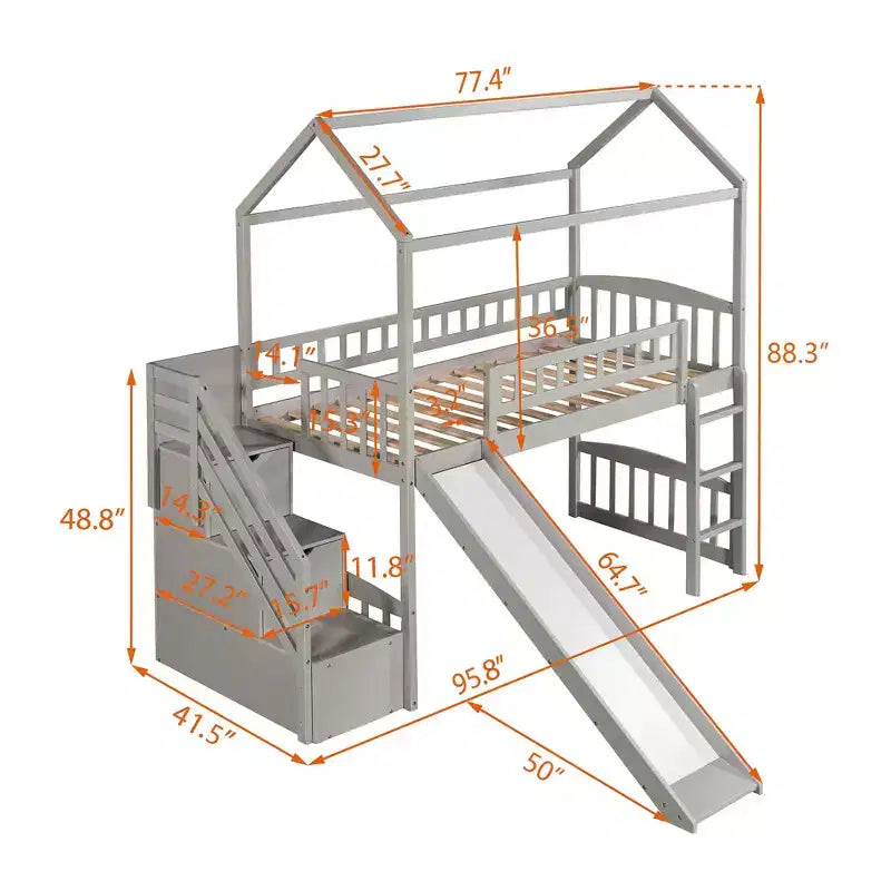 Lit mezzanine enfant Luxystar avec toboggan et tiroirs de rangement, lit double en bois de faible hauteur pour enfants