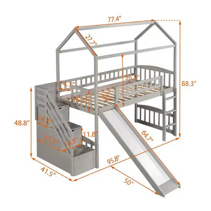 Lit mezzanine enfant Luxystar avec toboggan et tiroirs de rangement, lit double en bois de faible hauteur pour enfants
