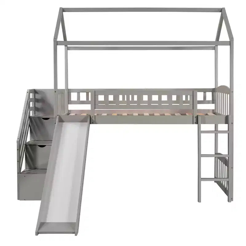 Lit mezzanine enfant Luxystar avec toboggan et tiroirs de rangement, lit double en bois de faible hauteur pour enfants