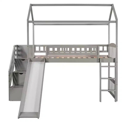 Lit mezzanine enfant Luxystar avec toboggan et tiroirs de rangement, lit double en bois de faible hauteur pour enfants