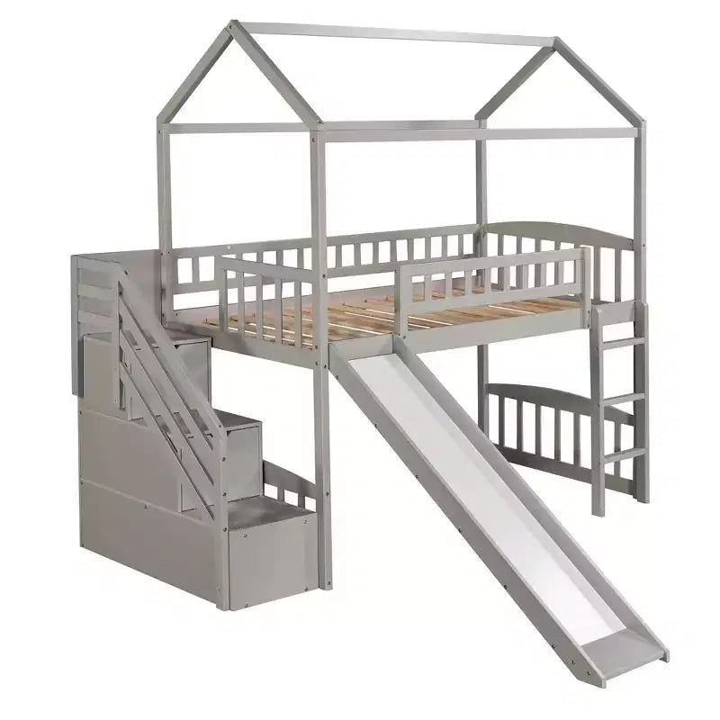 Lit mezzanine enfant Luxystar avec toboggan et tiroirs de rangement, lit double en bois de faible hauteur pour enfants