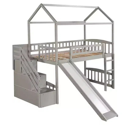 Lit mezzanine enfant Luxystar avec toboggan et tiroirs de rangement, lit double en bois de faible hauteur pour enfants
