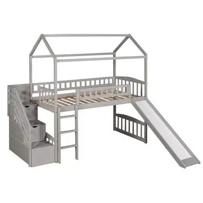 Lit mezzanine enfant Luxystar avec toboggan et tiroirs de rangement, lit double en bois de faible hauteur pour enfants