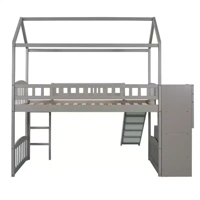 Lit mezzanine enfant Luxystar avec toboggan et tiroirs de rangement, lit double en bois de faible hauteur pour enfants