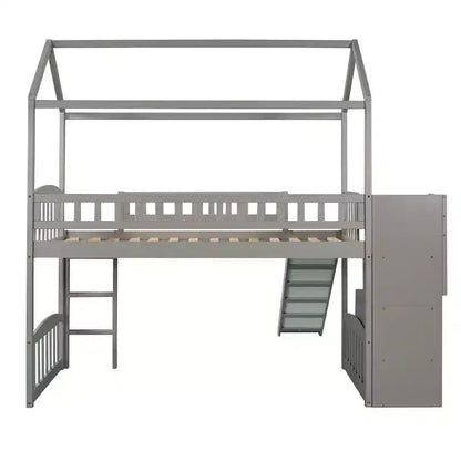 Lit mezzanine enfant Luxystar avec toboggan et tiroirs de rangement, lit double en bois de faible hauteur pour enfants