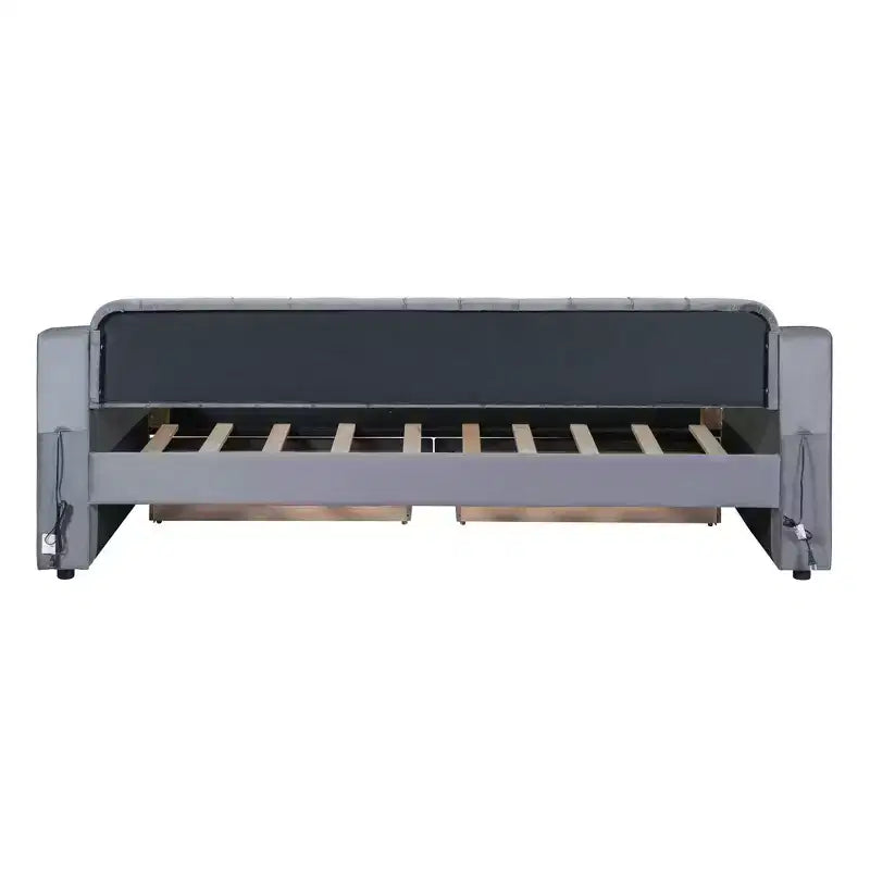 Lit de repos rembourré Luxystar, format jumeau, avec 2 tiroirs de rangement, accoudoirs et ports USB, lit de repos avec dossier capitonné pour le salon