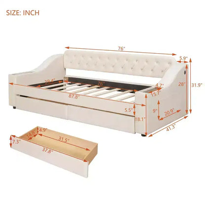 Lit de repos rembourré Luxystar, format jumeau, avec 2 tiroirs de rangement, accoudoirs et ports USB, lit de repos avec dossier capitonné pour le salon