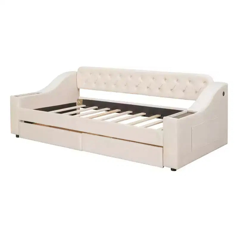 Lit de repos rembourré Luxystar, format jumeau, avec 2 tiroirs de rangement, accoudoirs et ports USB, lit de repos avec dossier capitonné pour le salon