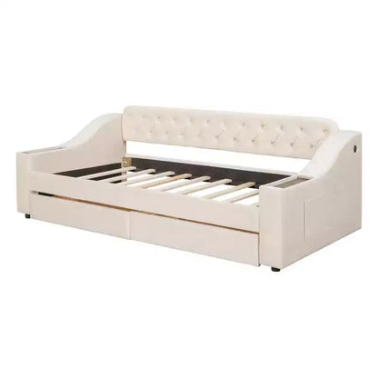 Lit de repos rembourré Luxystar, format jumeau, avec 2 tiroirs de rangement, accoudoirs et ports USB, lit de repos avec dossier capitonné pour le salon