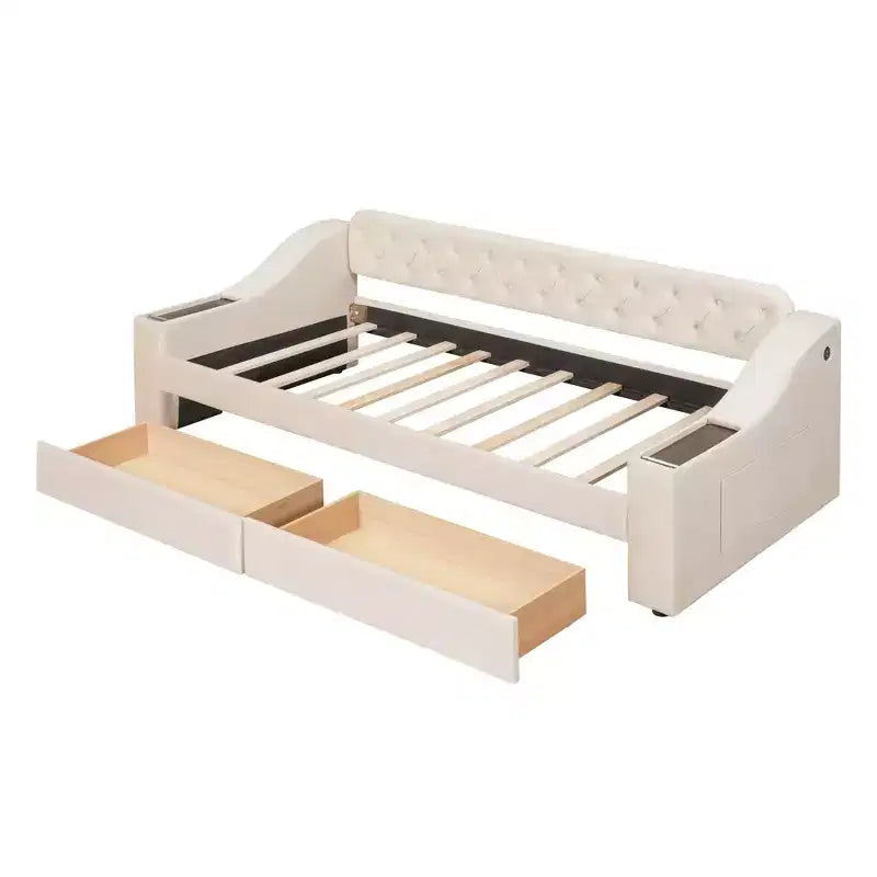 Lit de repos rembourré Luxystar, format jumeau, avec 2 tiroirs de rangement, accoudoirs et ports USB, lit de repos avec dossier capitonné pour le salon