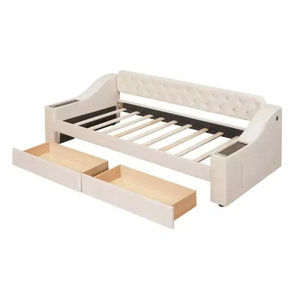 Lit de repos rembourré Luxystar, format jumeau, avec 2 tiroirs de rangement, accoudoirs et ports USB, lit de repos avec dossier capitonné pour le salon