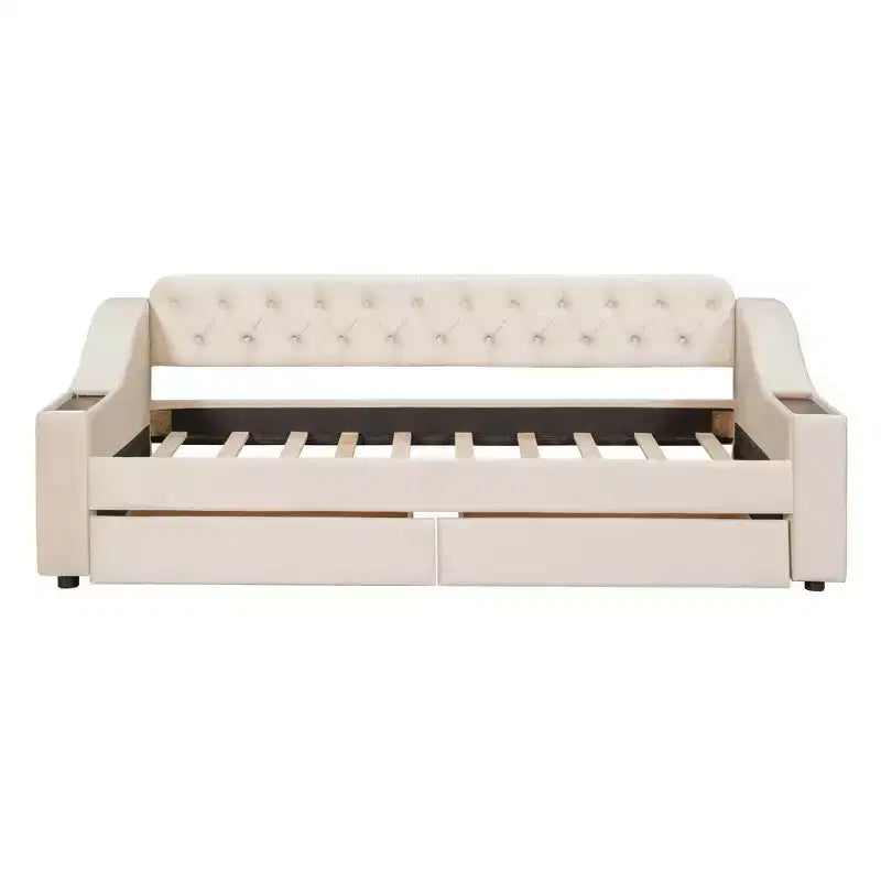 Lit de repos rembourré Luxystar, format jumeau, avec 2 tiroirs de rangement, accoudoirs et ports USB, lit de repos avec dossier capitonné pour le salon