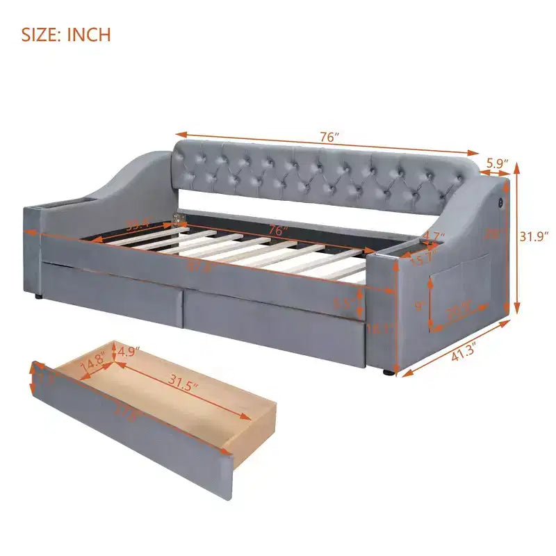 Lit de repos rembourré Luxystar, format jumeau, avec 2 tiroirs de rangement, accoudoirs et ports USB, lit de repos avec dossier capitonné pour le salon