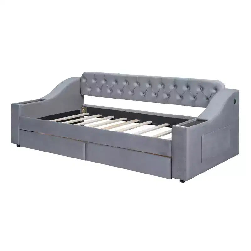 Lit de repos rembourré Luxystar, format jumeau, avec 2 tiroirs de rangement, accoudoirs et ports USB, lit de repos avec dossier capitonné pour le salon