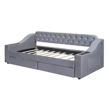 Lit de repos rembourré Luxystar, format jumeau, avec 2 tiroirs de rangement, accoudoirs et ports USB, lit de repos avec dossier capitonné pour le salon