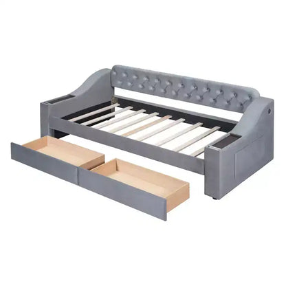Lit de repos rembourré Luxystar, format jumeau, avec 2 tiroirs de rangement, accoudoirs et ports USB, lit de repos avec dossier capitonné pour le salon