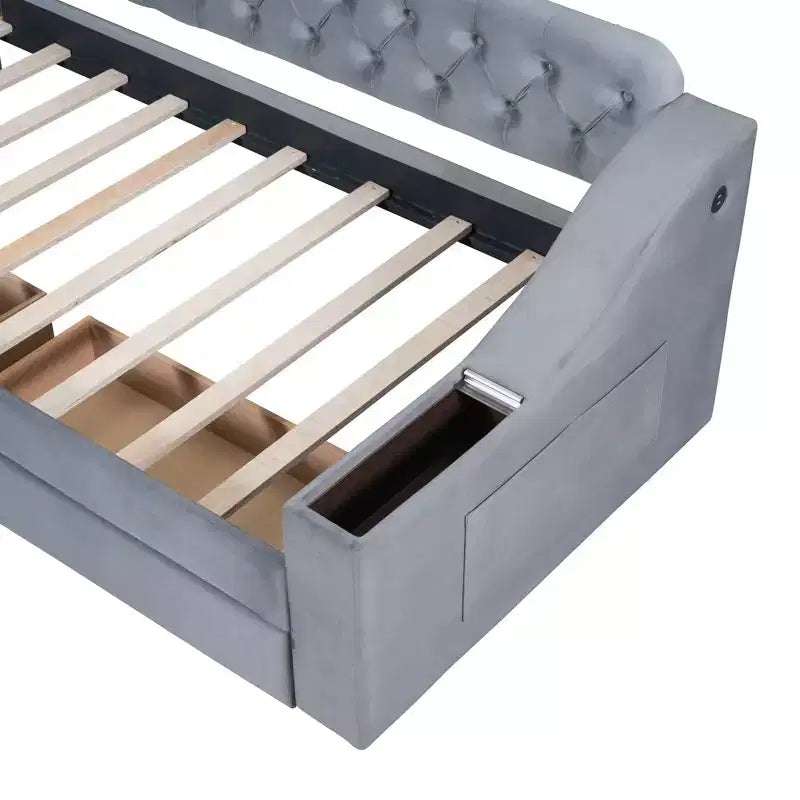 Lit de repos rembourré Luxystar, format jumeau, avec 2 tiroirs de rangement, accoudoirs et ports USB, lit de repos avec dossier capitonné pour le salon