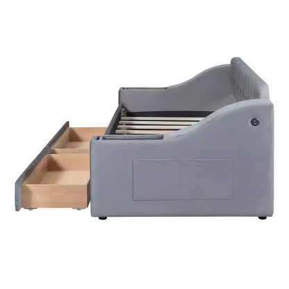 Lit de repos rembourré Luxystar, format jumeau, avec 2 tiroirs de rangement, accoudoirs et ports USB, lit de repos avec dossier capitonné pour le salon
