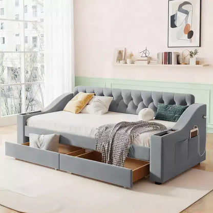 Lit de repos rembourré Luxystar, format jumeau, avec 2 tiroirs de rangement, accoudoirs et ports USB, lit de repos avec dossier capitonné pour le salon