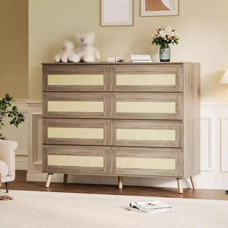 Rattan 6 Drawer Dresser for Bedroom, Wooden Dressers & Chests of Drawers, Modern Farmhouse Storage Organizer for Closet, Entryway, Living Room