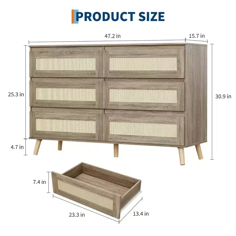 Commode à 6 tiroirs en rotin pour chambre à coucher, commodes et chiffonniers en bois, organisateur de rangement moderne style ferme pour placard, entrée, salon
