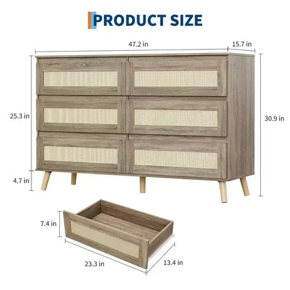 Commode à 6 tiroirs en rotin pour chambre à coucher, commodes et chiffonniers en bois, organisateur de rangement moderne style ferme pour placard, entrée, salon