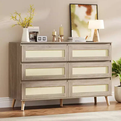 Commode à 6 tiroirs en rotin pour chambre à coucher, commodes et chiffonniers en bois, organisateur de rangement moderne style ferme pour placard, entrée, salon