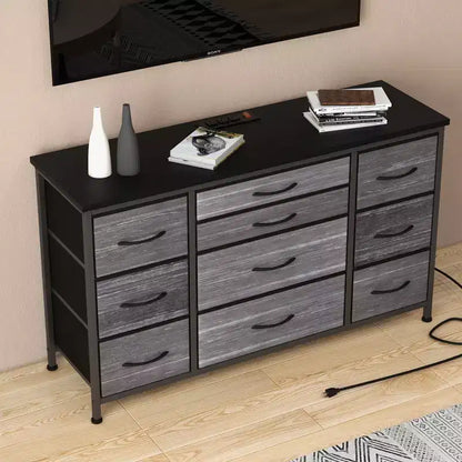 Commode de rangement à 10 tiroirs, meuble TV de 140 cm de large, commode en tissu avec prises de courant, cadre en acier robuste, grand meuble TV pour chambre et salon