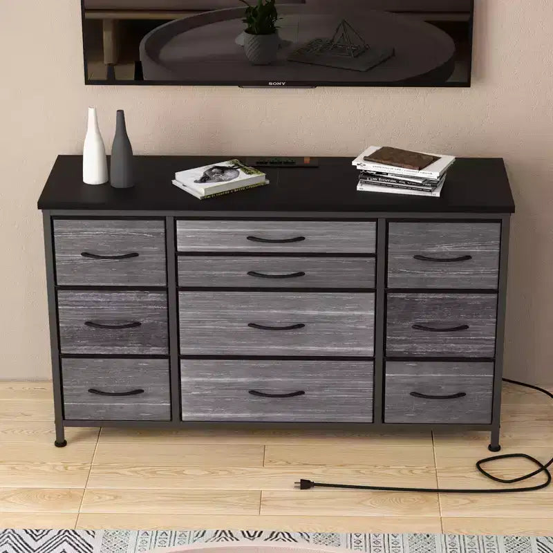 Commode de rangement à 10 tiroirs, meuble TV de 140 cm de large, commode en tissu avec prises de courant, cadre en acier robuste, grand meuble TV pour chambre et salon