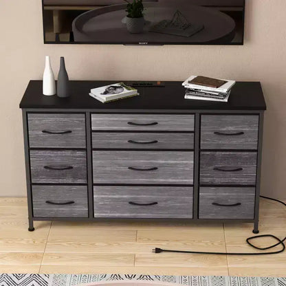 Commode de rangement à 10 tiroirs, meuble TV de 140 cm de large, commode en tissu avec prises de courant, cadre en acier robuste, grand meuble TV pour chambre et salon