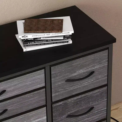 Commode de rangement à 10 tiroirs, meuble TV de 140 cm de large, commode en tissu avec prises de courant, cadre en acier robuste, grand meuble TV pour chambre et salon