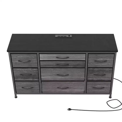 Commode de rangement à 10 tiroirs, meuble TV de 140 cm de large, commode en tissu avec prises de courant, cadre en acier robuste, grand meuble TV pour chambre et salon