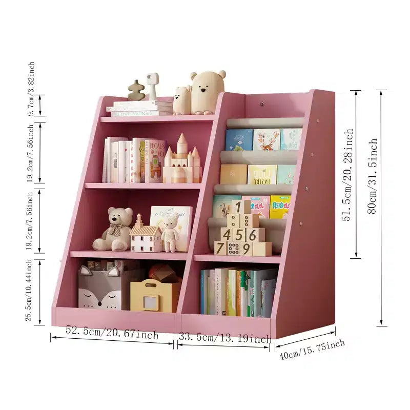 Étagère à livres 4 niveaux Whisen pour enfants, en bois composite robuste, 3 compartiments de rangement profonds en tissu, stimule la lecture et l'organisation
