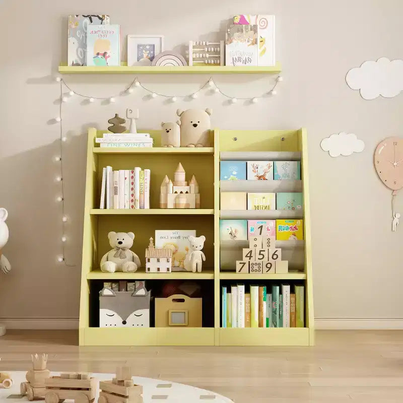 Étagère à livres 4 niveaux Whisen pour enfants, en bois composite robuste, 3 compartiments de rangement profonds en tissu, stimule la lecture et l'organisation