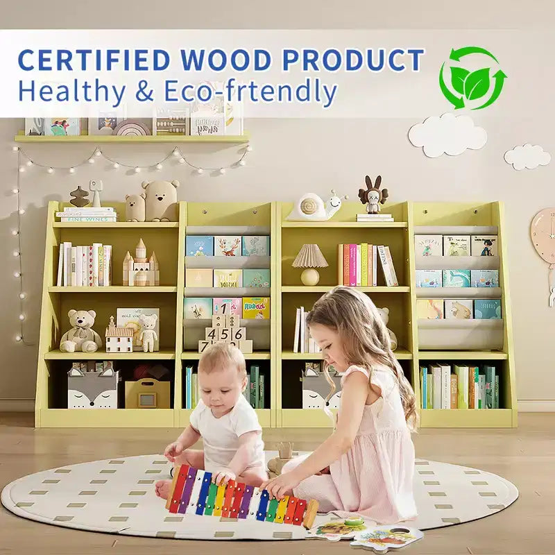 Étagère à livres 4 niveaux Whisen pour enfants, en bois composite robuste, 3 compartiments de rangement profonds en tissu, stimule la lecture et l'organisation