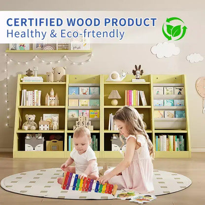 Étagère à livres 4 niveaux Whisen pour enfants, en bois composite robuste, 3 compartiments de rangement profonds en tissu, stimule la lecture et l'organisation