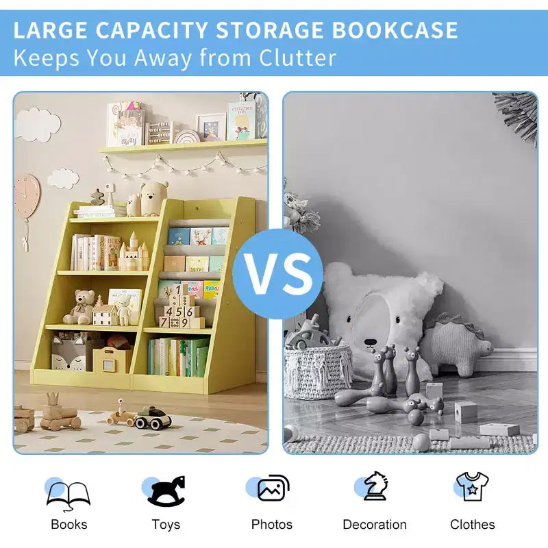 Étagère à livres 4 niveaux Whisen pour enfants, en bois composite robuste, 3 compartiments de rangement profonds en tissu, stimule la lecture et l'organisation