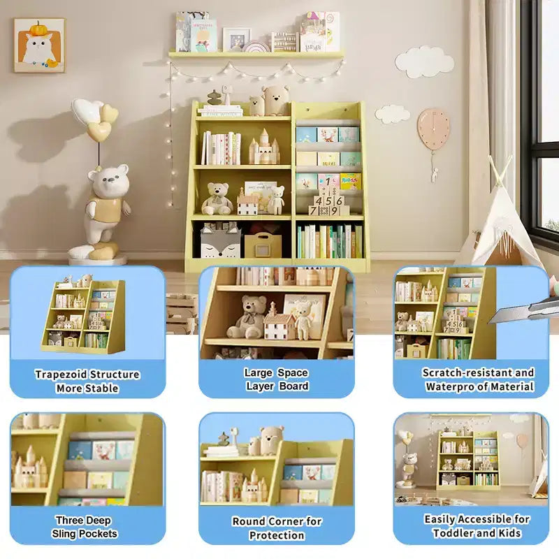 Étagère à livres 4 niveaux Whisen pour enfants, en bois composite robuste, 3 compartiments de rangement profonds en tissu, stimule la lecture et l'organisation