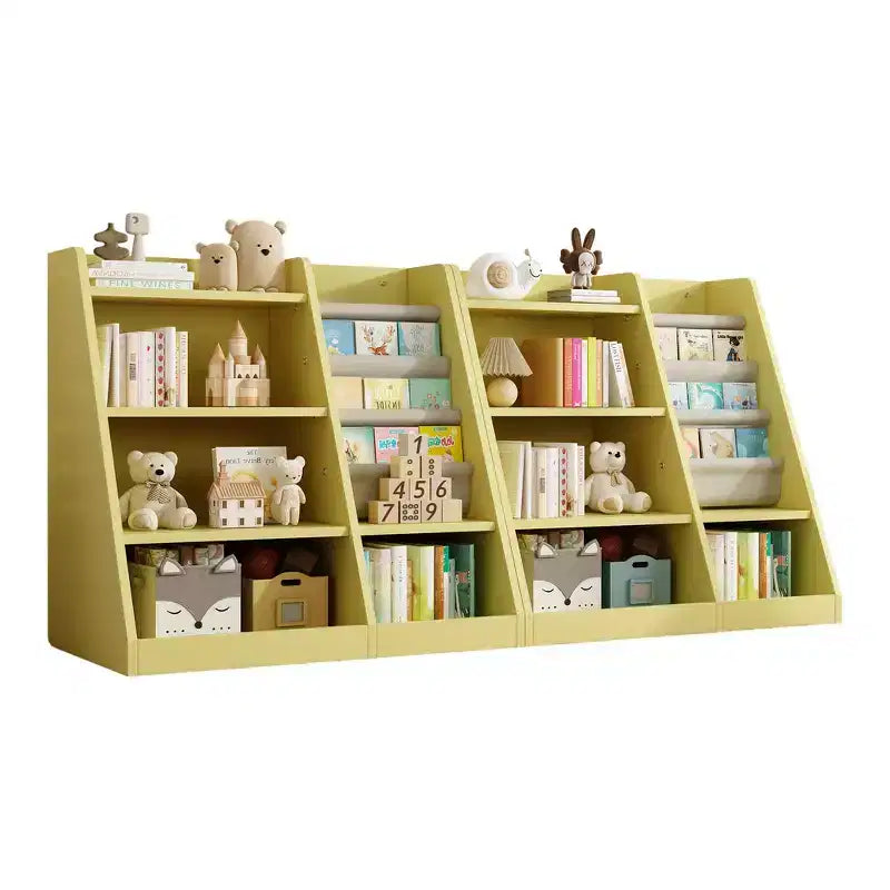 Étagère à livres 4 niveaux Whisen pour enfants, en bois composite robuste, 3 compartiments de rangement profonds en tissu, stimule la lecture et l'organisation