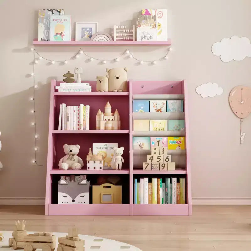 Étagère à livres 4 niveaux Whisen pour enfants, en bois composite robuste, 3 compartiments de rangement profonds en tissu, stimule la lecture et l'organisation